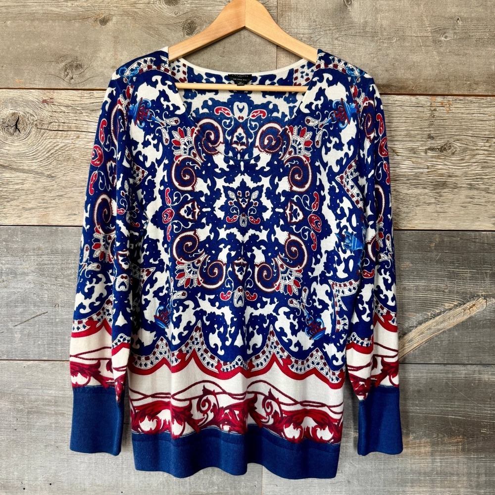 Talbots Soft Merino Wool V-Neck Sweater 1X Blue Red Preppy Old Money Fourth July - Picture 3 of 10